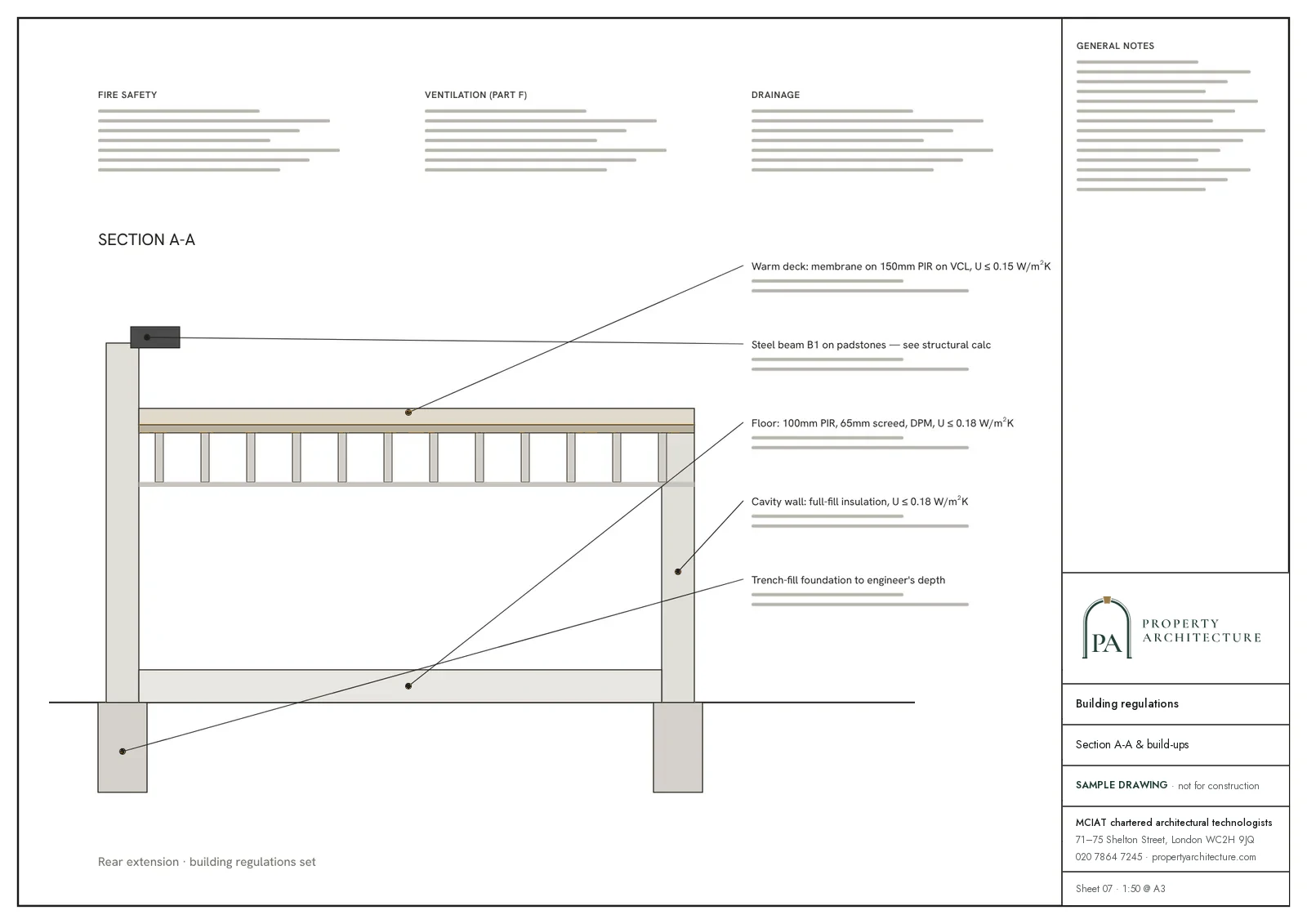 Building regulations section through a rear extension, with the roof, floor, wall and foundation build-ups labelled