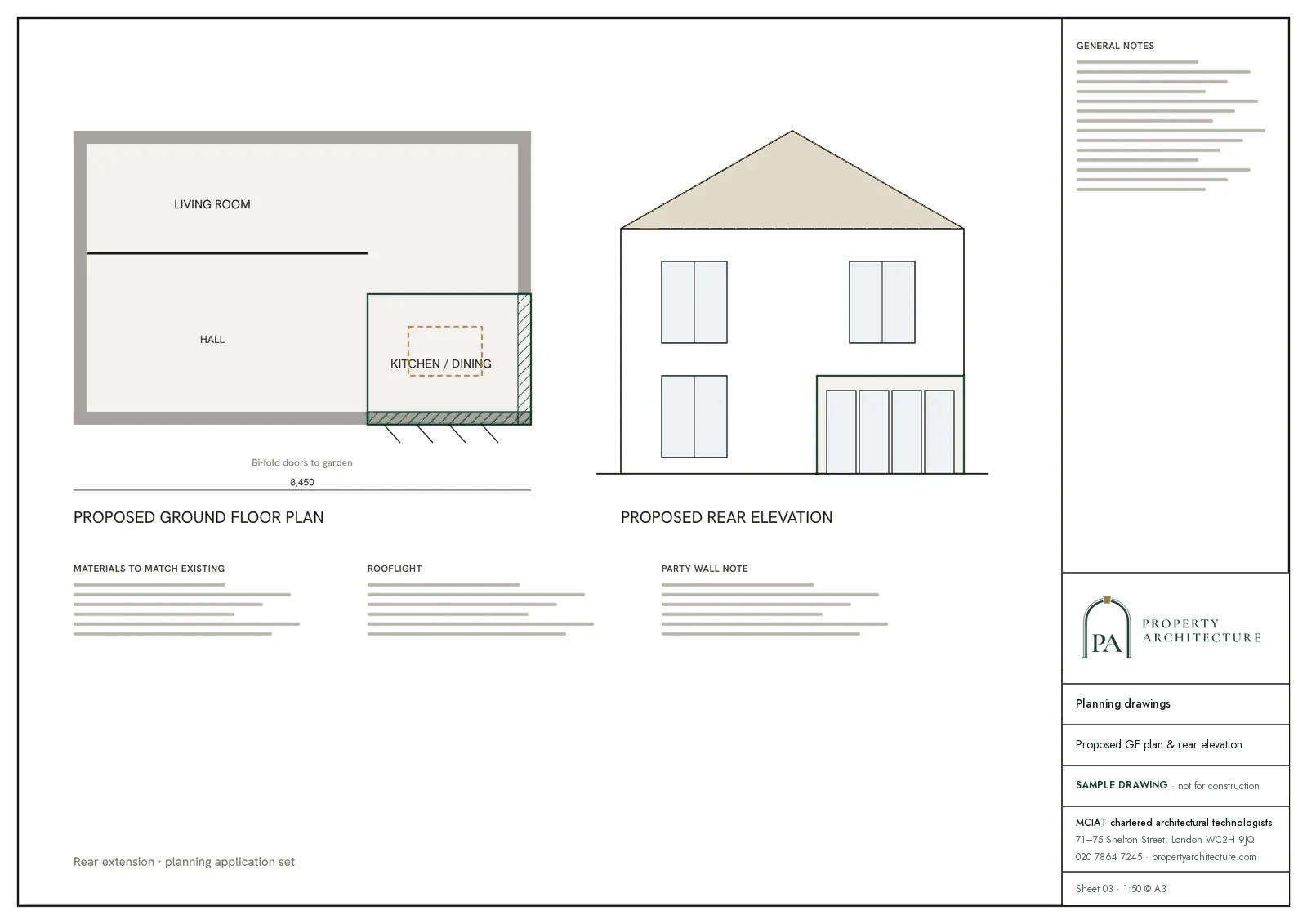 Planning sheet for a single-storey rear extension: proposed ground floor plan and rear elevation, with the Property Architecture title block