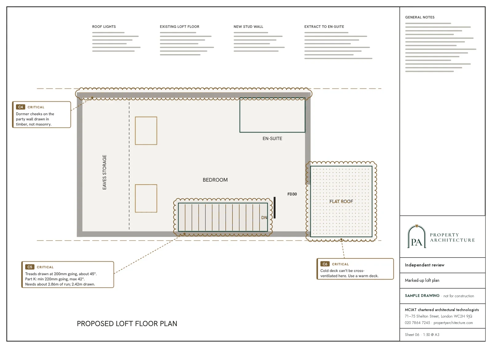 Loft floor plan marked up in an independent review, with three critical issues clouded and explained