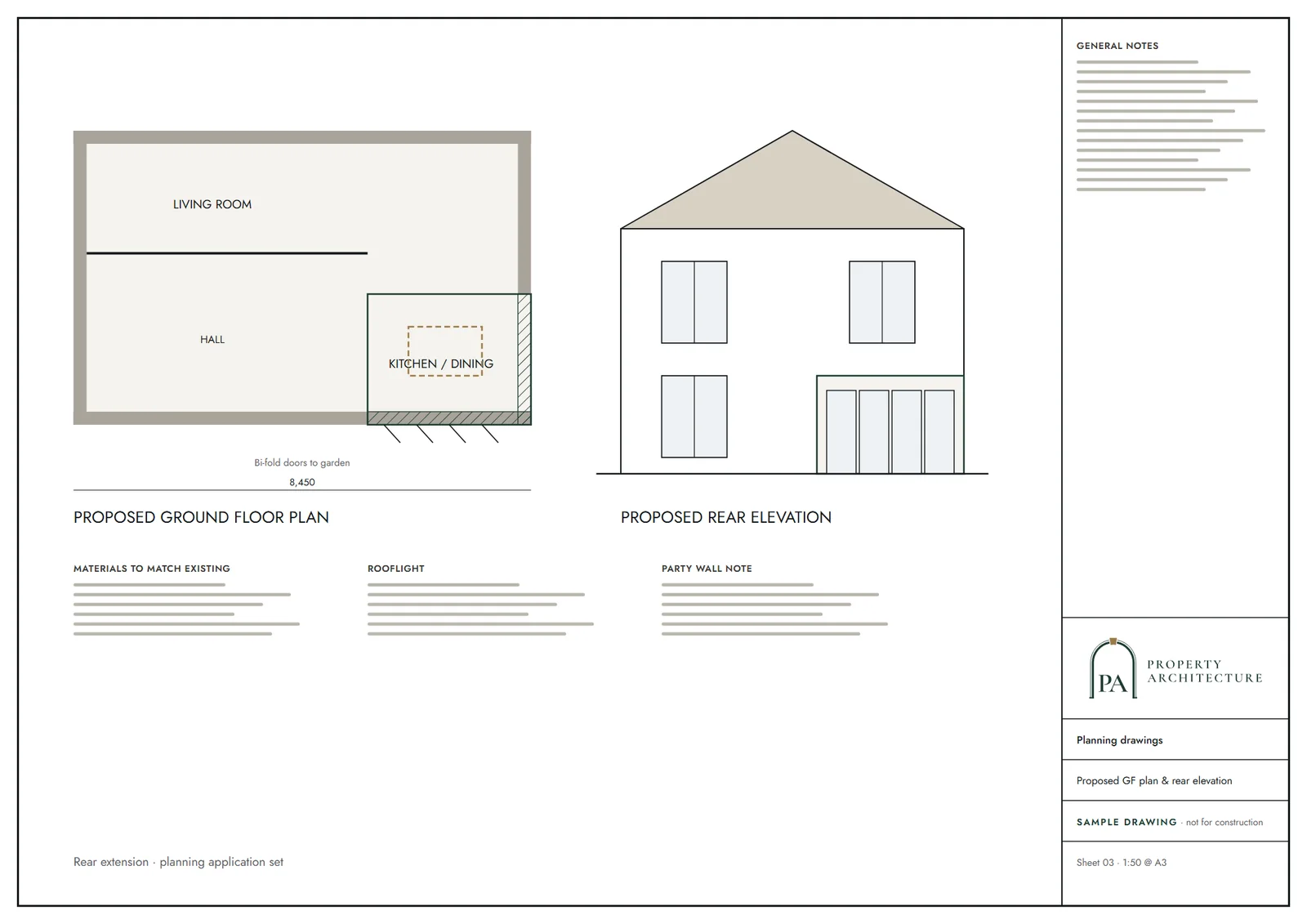 Sample planning sheet for a rear extension, showing floor plans, elevations and sections together